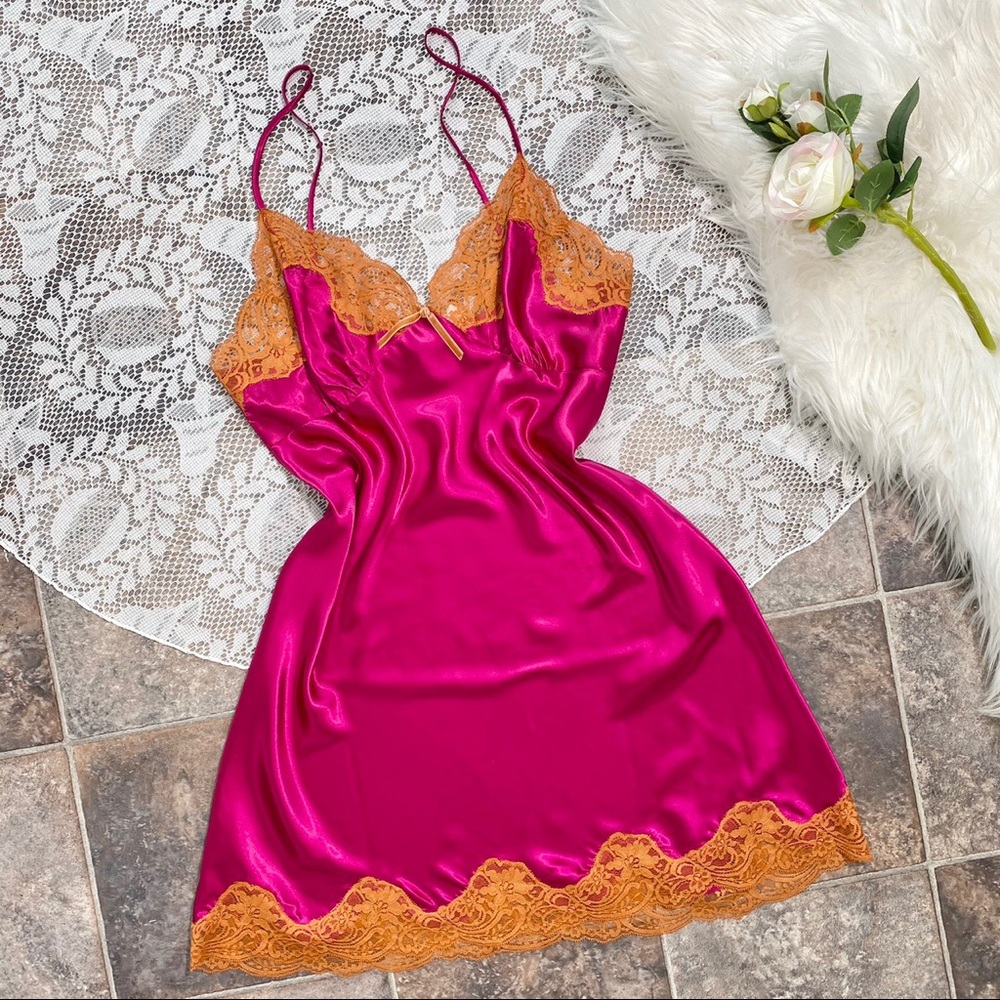 Y2K pink with copper lace trim satin slip dress